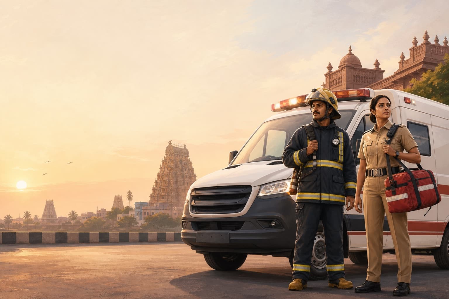 Tamil Nadu emergency responders beside an ambulance